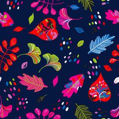 Fototapeta premium Vector seamless watercolor pattern with fall colorful leaves