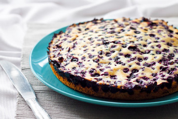 Homemade blueberry pie on blue plate
