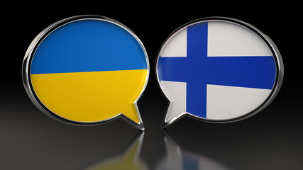 Ukraine and Finland flags with Speech Bubbles. 3D illustration
