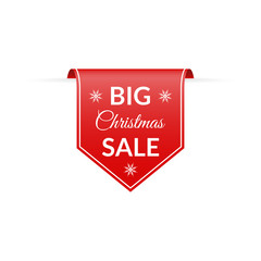 Big Christmas sale banner or pennant. Red ribbon with Xmas discount. Vector illustration.