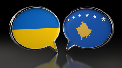 Ukraine and Kosovo flags with Speech Bubbles. 3D illustration