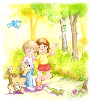 Ni&ntilde;os y perro caminando por el parque. dibujo en caricatura.