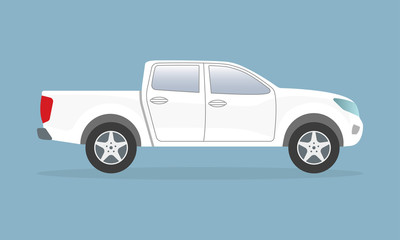 White pickup truck. Side view. Pick-up car or vehicle. Vector illustration. © metelsky25