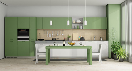 Green and white modern kitchen - 3d rendering
