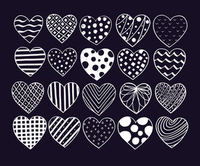 Big set of hand drawn hearts. Valentine vector sketch doodle. Graphic design elements. Trendy textures, lines, dots, geometric shapes, many different designs. White on black