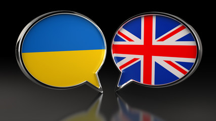 Ukraine and United Kingdom flags with Speech Bubbles. 3D illustration