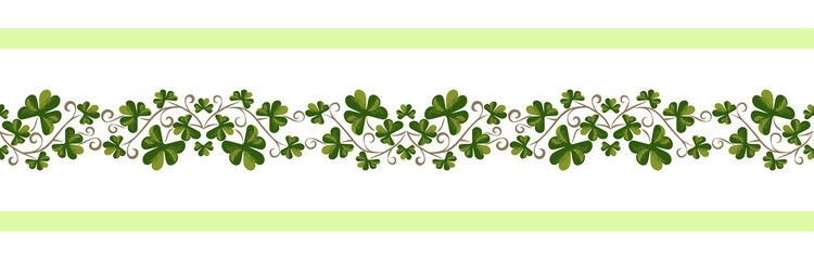 Shamrock pattern seamless border isolated. Hand drawn vintage garland design element. Vector doodle green foliage of clover leaves. St Patricks Day background decorative shamrock ornament illustration