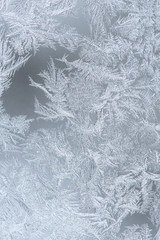 Abstract frosty pattern on window glass, close up. Winter holiday vertical background