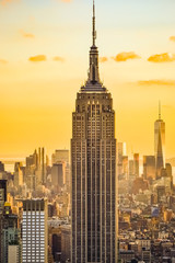 New York City skyline pendant le coucher du soleil depuis le Top of the Rock (Rockefeller Center), États-Unis