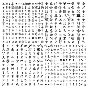 Big set of esoteric symbol design elements. Imaginary handwritten alchemy signs, space, spirituality, inspired by mysticism, freemasonry, astrology. Vector .