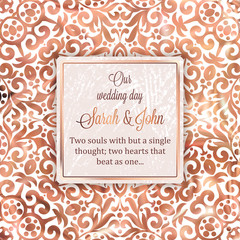 Rose Gold Wedding Invitation card template design with damask pattern on silky background. Lacy intricate textile effect