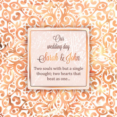 Rose Gold Wedding Invitation card template design with damask pattern on silky background. Lacy intricate textile effect