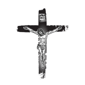 Jesus on the cross. Hand painted with real ink brush, grunge Christian cross Sketch. Vector.