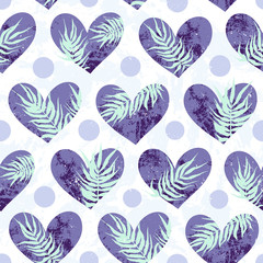 Hearts with tropical leaves for Valentines day. Love background with hearts