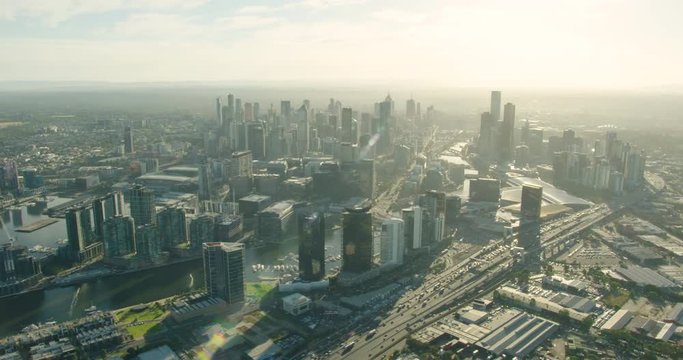 Aerial view at sunrise Docklands and Melbourne CBD