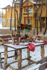 Wedding decorations for the ceremony in the street in the winter.