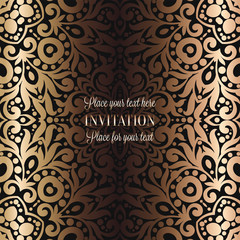 Gold Wedding Invitation card template design with damask pattern on background. Tradition decoration for wedding in baroque style