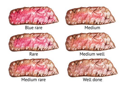 Degrees of steak doneness. Scheme. Watercolor hand drawn illustration, isolated on white background