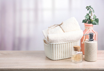 Fototapeta premium Body care concept empty space background. Towels empty space.
