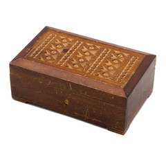 Vintage wooden scratched jewelry box on white background