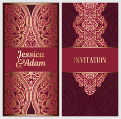 Wedding invitation card with gold shiny eastern and baroque rich foliage. Ornate islamic background for your design. Islam, Arabic, Indian, Dubai.