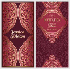 Wedding invitation card with gold shiny eastern and baroque rich foliage. Ornate islamic background for your design. Islam, Arabic, Indian, Dubai.
