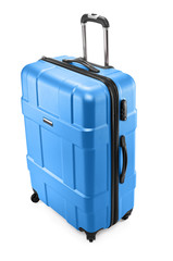 One blue modern travel suitcase with opened handle