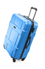 Big blue plastic luggage bag with wheels for travel