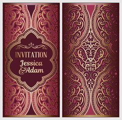 Wedding invitation card with gold shiny eastern and baroque rich foliage. Ornate islamic background for your design. Islam, Arabic, Indian, Dubai.