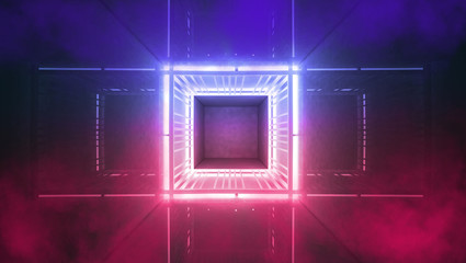 Neon cube tunnel. Blue abstract background. 3D Rendering