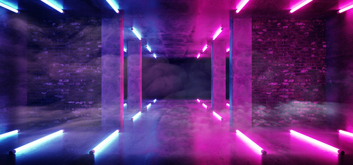 Sci Fi Modern Neon Glowing Background Laser Purple Pink Blue Lights In Grunge Concrete Brick Walls Room Empty For Text Retro Gallery Stage 3D Rendering