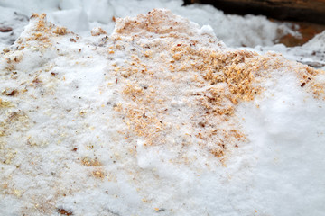 Wooden sawdust under the snow. Filings in snowdrift. Winter texture closeup. Mulch