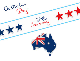 Happy Australia day 26th january lettering. Map of Australia with flag and stars. illustration on white background