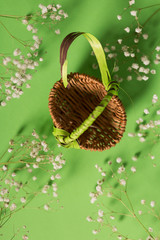 Empty withe basket on green background with flowers