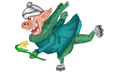 Obraz premium Cute Pig on rollers laughing