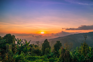 Beautiful mountain scenery view on with forest at sunset time, Bali, Indonesia