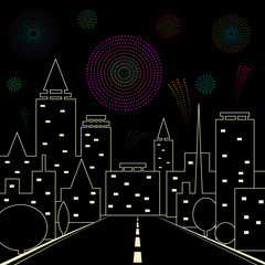 road in the night city. fireworks in the night sky above the city vector illustration. stars,skyline and salute.