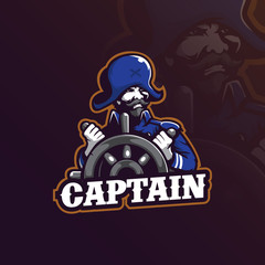 captain mascot logo design vector with modern illustration concept style for badge, emblem and t shirt printing. captain illustration with a steering wheel.