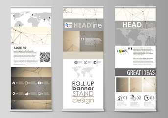 Roll up banner stands, geometric design templates, corporate vertical vector flyers, flag layouts. Technology, science, medical concept. Golden dots and lines, cybernetic digital style. Lines plexus.
