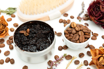 Aromatic botanical cosmetics. Dried herbs flowers mixture, aromatic homemade scrub paste made from coffee grounds and oils. Holistic herbal DIY skincare beauty hack. 