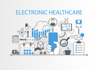 Fototapeta na wymiar Electronic healthcare concept with hand holding modern bezel free smart phone