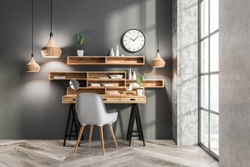 Gray home office interior, clock