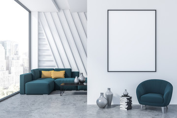 White living room, sofa, armchair, poster