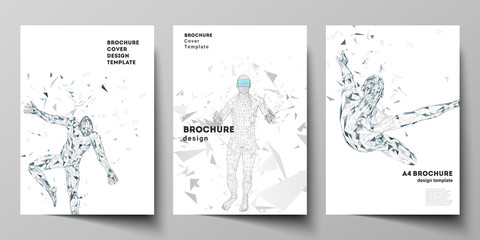The vector layout of A4 format modern cover mockups design templates for brochure, magazine, flyer, booklet, annual report. Man with glasses of virtual reality. Abstract vr, future technology concept.