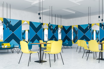 Fototapeta na wymiar Blue pattern walls in cafe interior