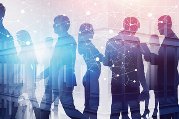 Business people in city, network hologram