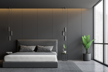 Gray panoramic bedroom interior