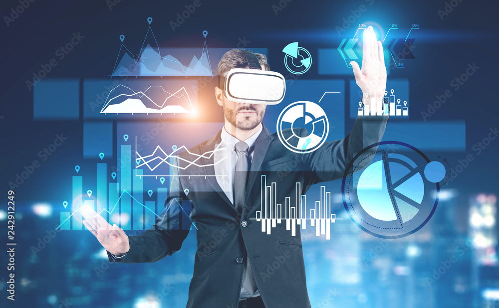 Poster man in vr glasses working with graphs