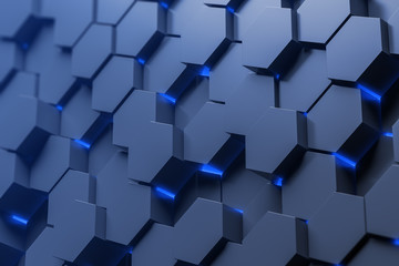 Side view of blue hexagon pattern wall