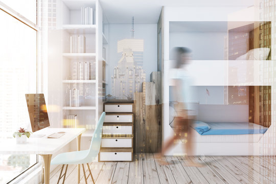 White Bunk Bed Bedroom, Computer Desk, Girl